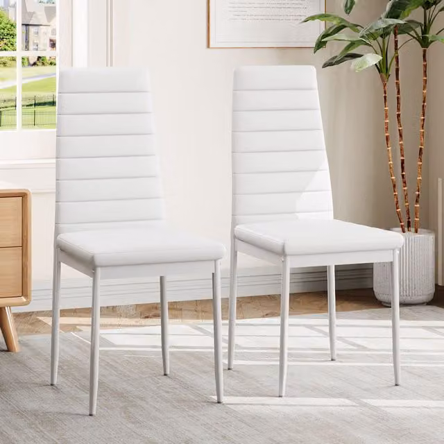 Livingandhome Set of 2 Modern White Faux Leather Armless High Back Dining Chairs
