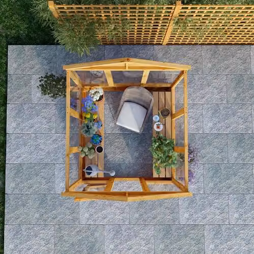 Waltons Brown Wooden Outdoor Potting Shed Greenhouse with Apex Roof, Polycarbonate Glazing and Single Door, W/D/H: 182.88 x 182.88 x 229 cm – 3