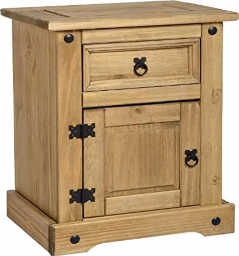 Seconique Corona 1 Door 1 Drawer Bedside Cabinet in Distressed Waxed Pine Brown