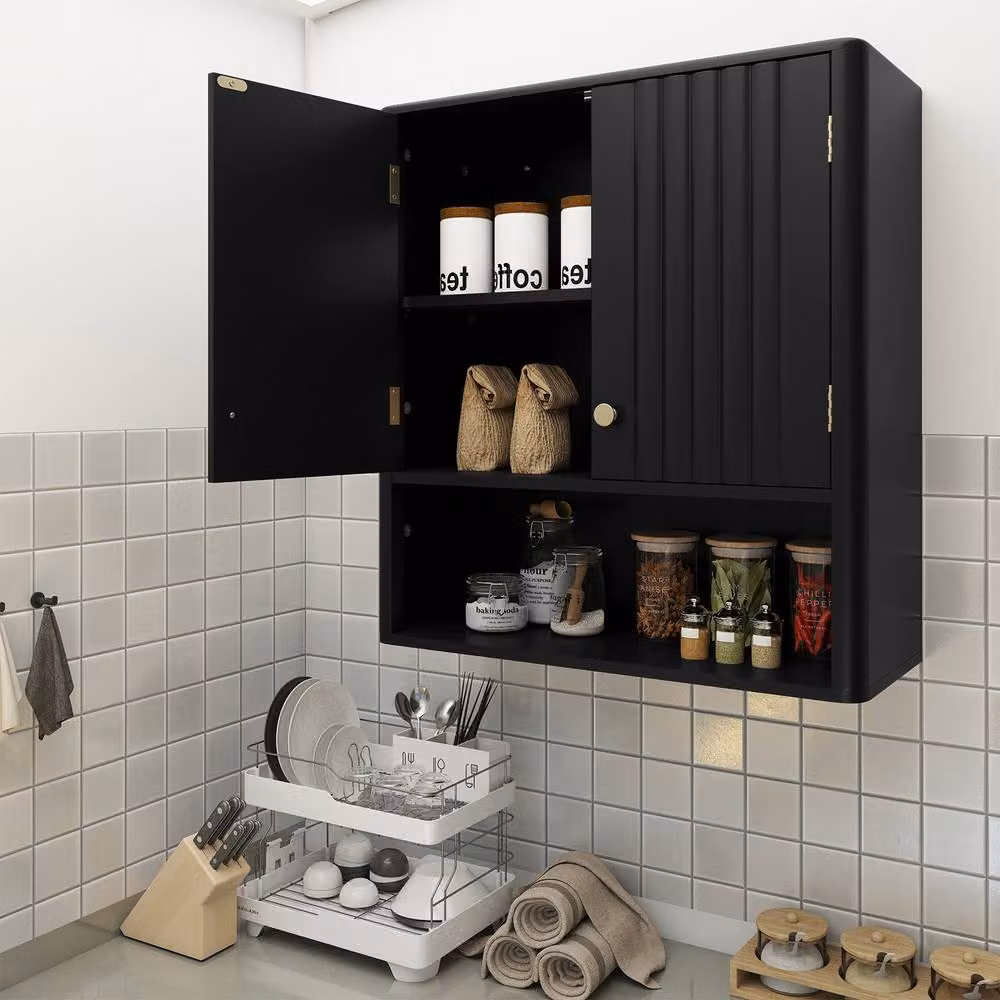Costway Modern Fluted Black Wall Mounted Double Door Bathroom and Kitchen Cabinet with Internal Shelves – 5