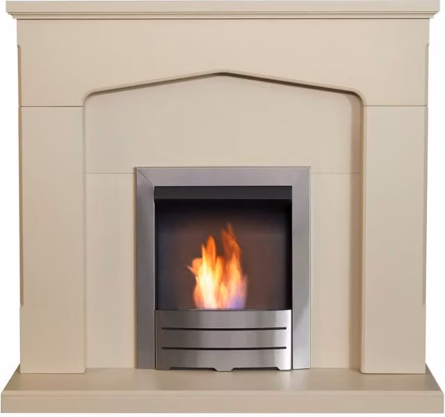 Adam Fires & Fireplaces Cotswold Stone Effect Fireplace with Colorado Bio Ethanol Fire in Cream and Brushed Steel