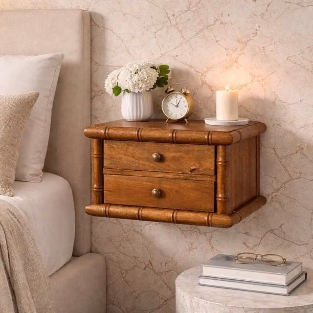 Artisan Furniture Solid Wood Bamboo and Mango Bedside Table in Amber Oak Finish, Brown