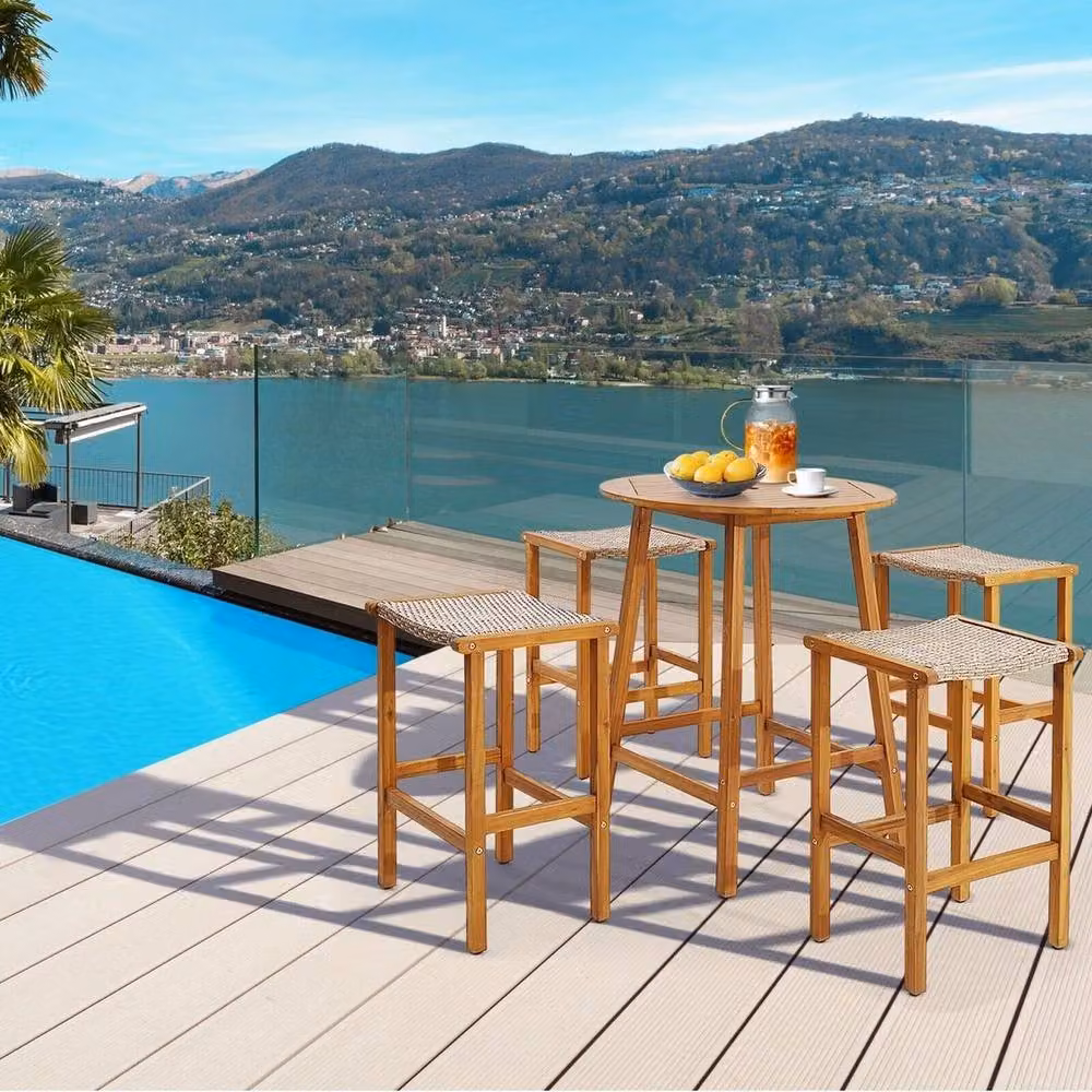 Kelvenix 2-Pack Brown Rattan and Acacia Wood Outdoor Bar Stools – 3