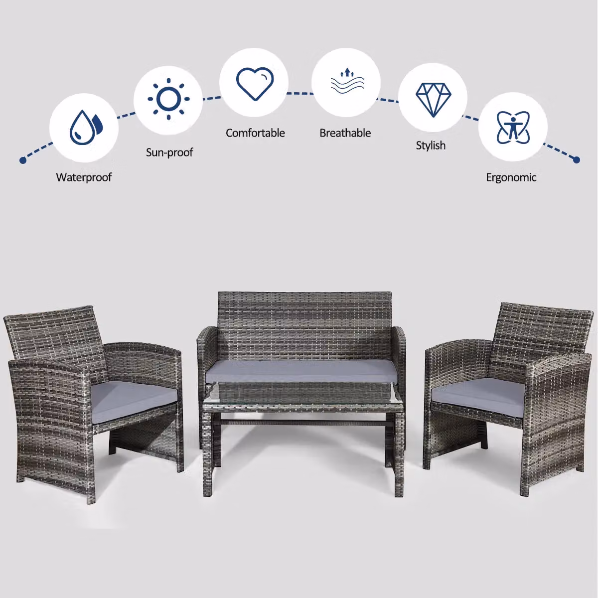 Gymax 4 Piece Grey PE Rattan Outdoor Sofa Set with Glass Coffee Table and Cushions – 7