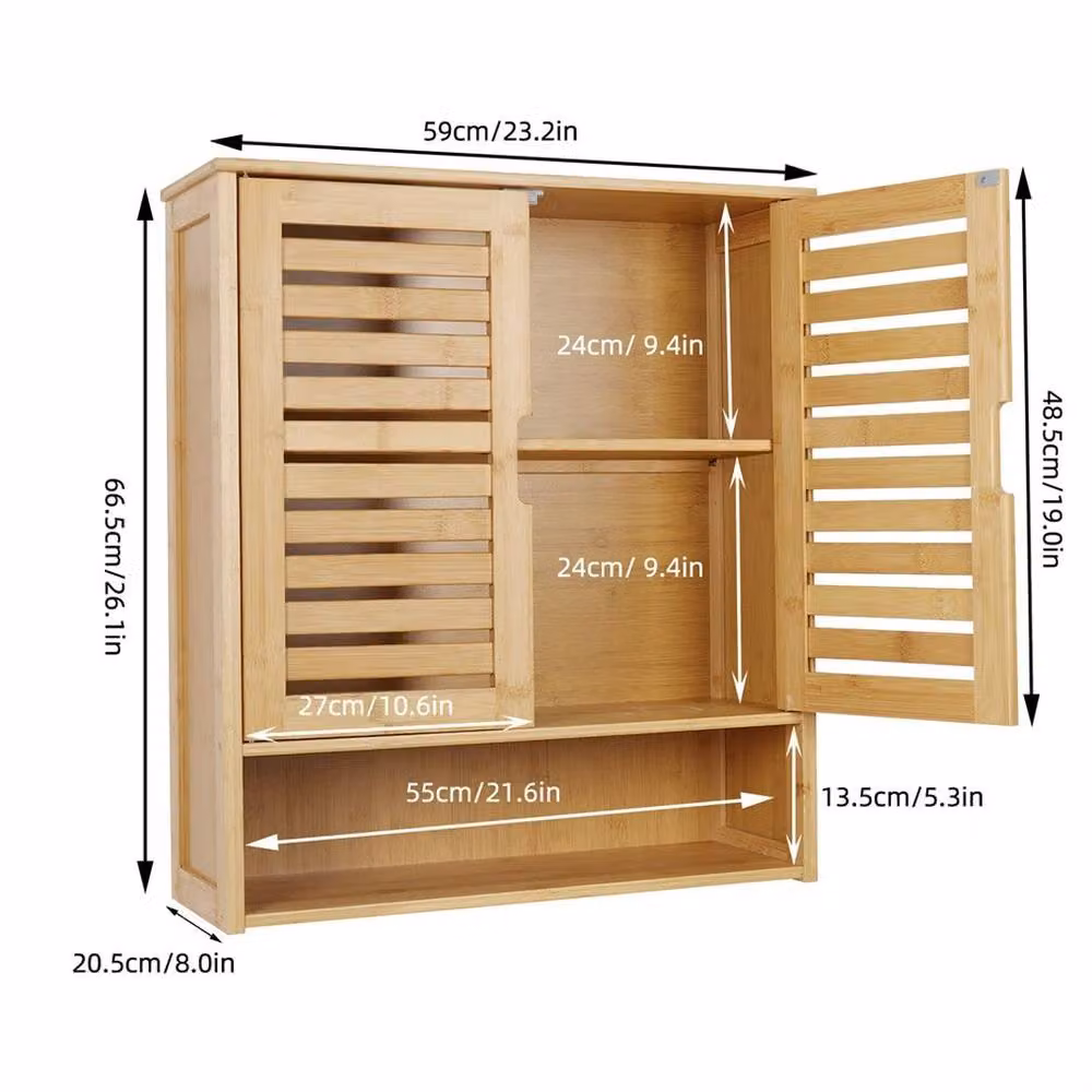 VOGREX Beige Wooden Freestanding or Wall-Mounted Cabinet with Glass Doors and Internal Shelves, W/D/H: 59 x 20.5 x 66.5 cm – 2