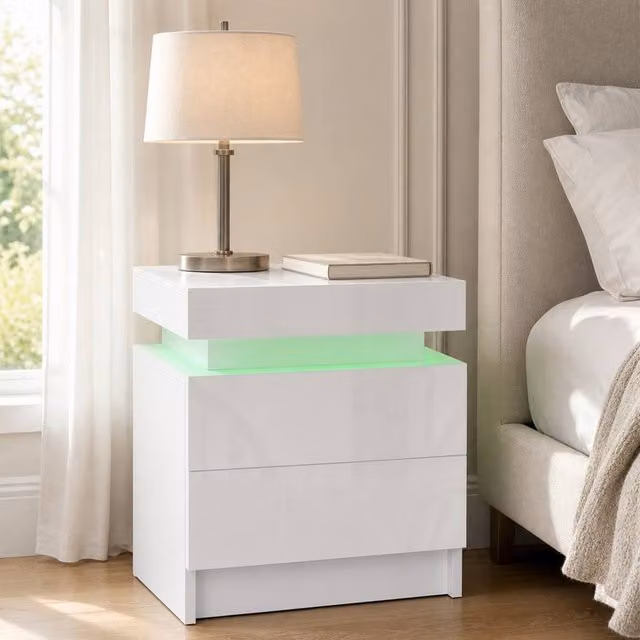 STILVORA White Glossy Bedside Table with 2 Drawers and Integrated LED Lighting – 1