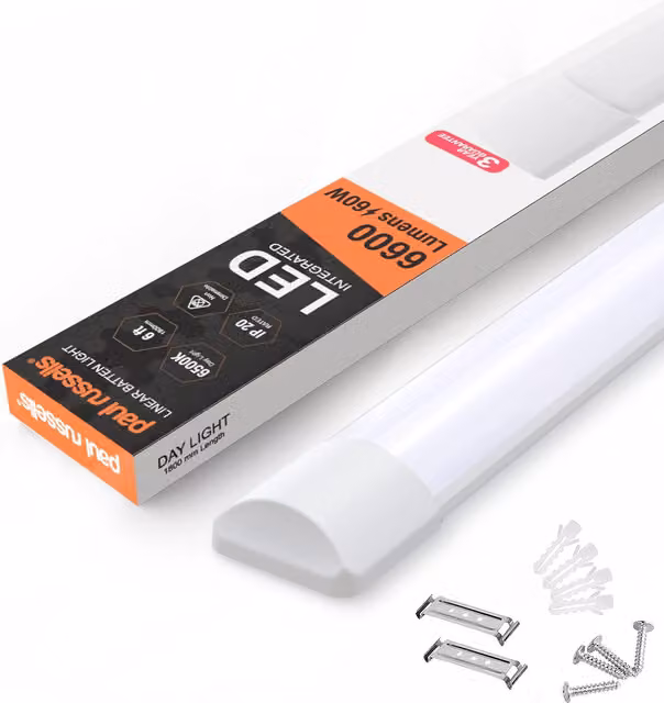 Paul Russells 6 Foot Slim LED Batten Light, 60W, 6600lm, 6500K, White, IP20 Daylight