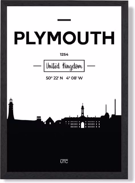 ARTZE Plymouth Black and White City Skyline Framed Print