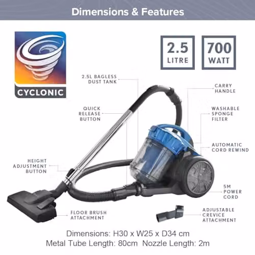 Quest Bagless Cyclonic Cylinder Vacuum Cleaner in Blue and Grey with 2.5L Dust Tank and Multi-Surface Cleaning Tools – 5