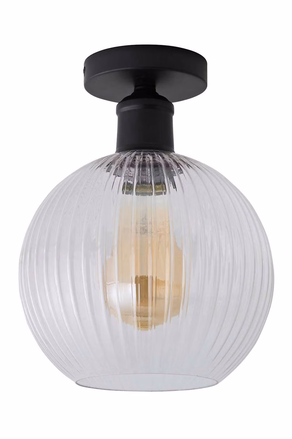 ValueLights Maddison Clear Ribbed Glass Globe Flush Ceiling Light with Filament Bulb in Black – 3