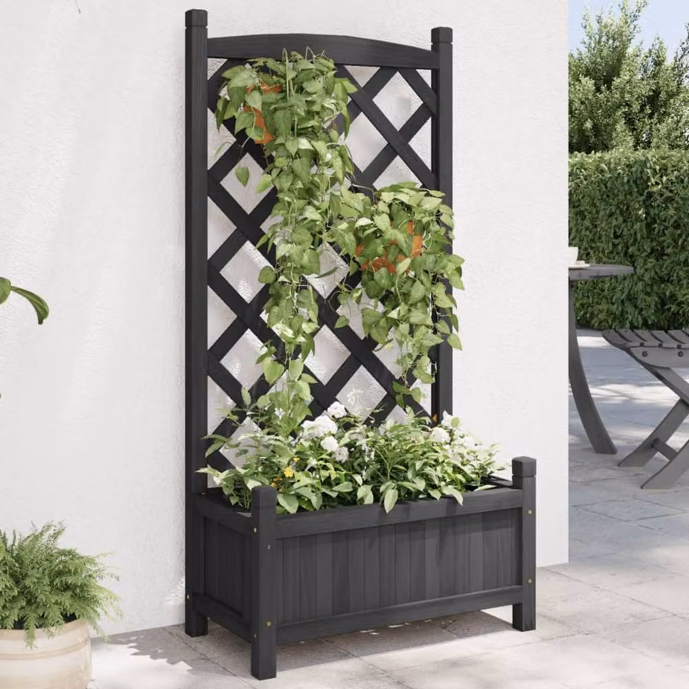 Berkfield Home Black Solid Wood Fir Planter with Trellis – 2