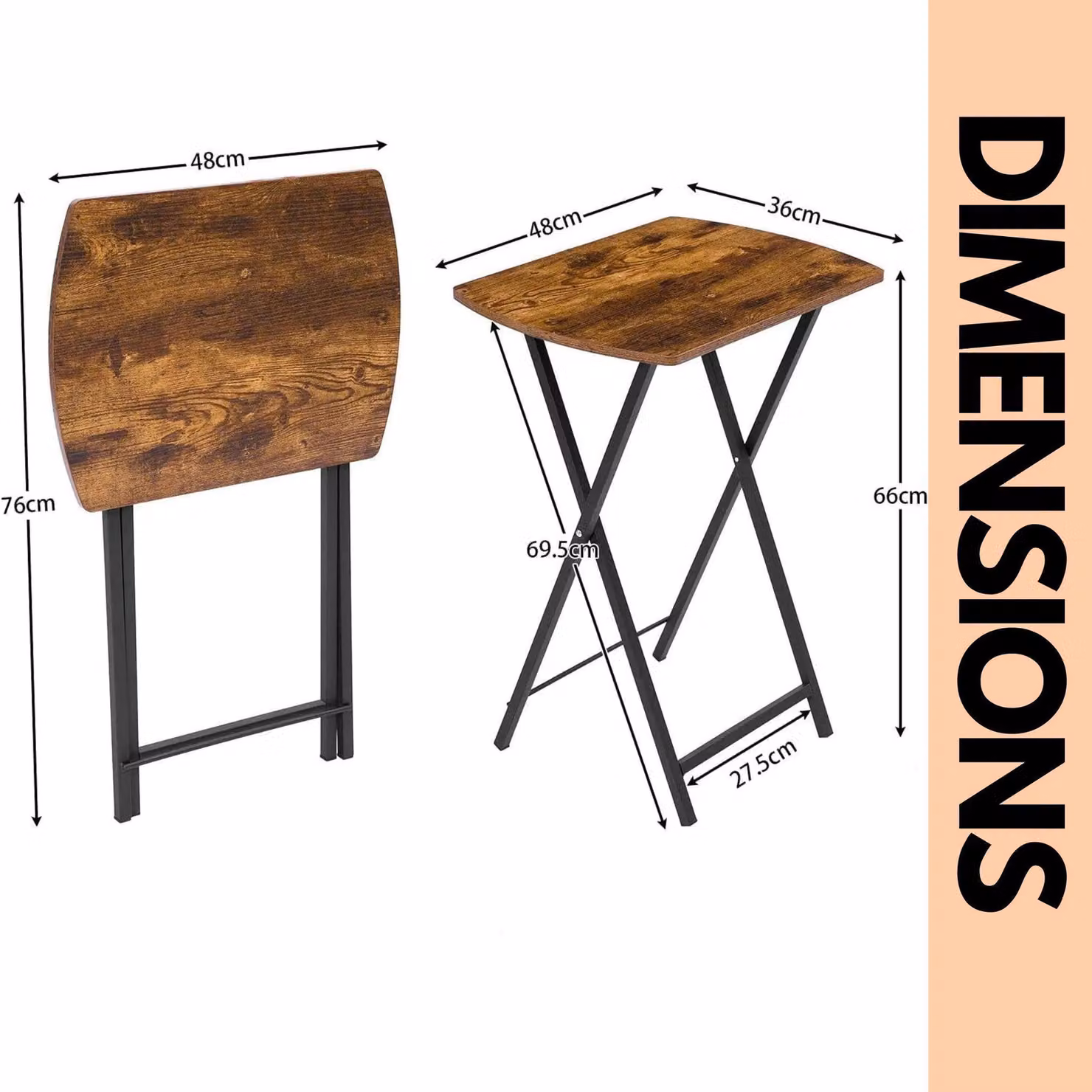 Rafaelo Mobilia Brown Folding Tray Table with Wood Top and Four Legs, W/D/H: 66 x 36 x 36 cm – 2
