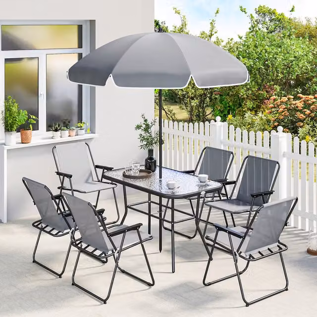 Outsunny 8 Piece Grey Garden Dining Set with 6 Folding Chairs and Umbrella