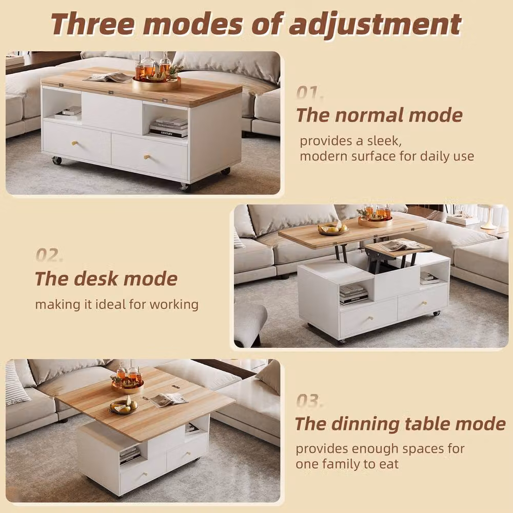 Merax Extendable Lift Top Coffee Table with 4 Drawers and Castors in Natural – 4