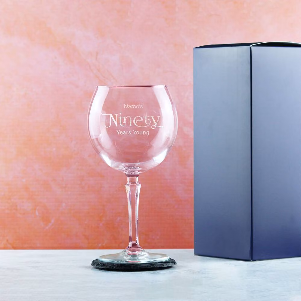 Uniqueful Personalised Engraved 90th Birthday Hudson Gin Cocktail Glass with Silver Finish in Clear – 2