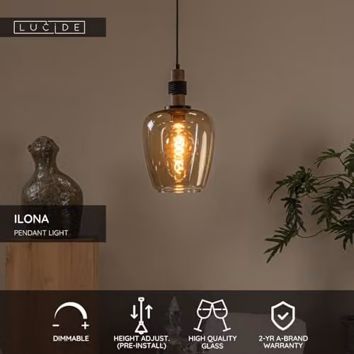 Lucide Ilona Amber Transparent Glass Pendant Light, Diameter: 22 cm – 2