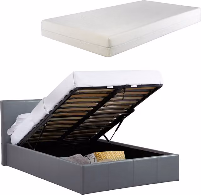 Luna Single Ottoman Bed in Grey Faux Leather with 15cm Memory Foam Mattress, W/D/H: 90 x 190 cm