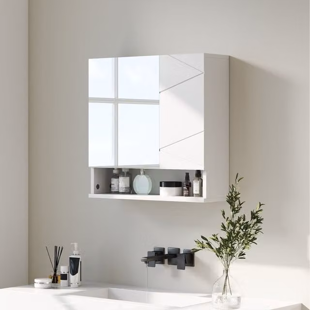 kleankin Wall Mounted Modern Bathroom Mirror Cabinet with Adjustable Internal Shelves and Hinged Doors, White