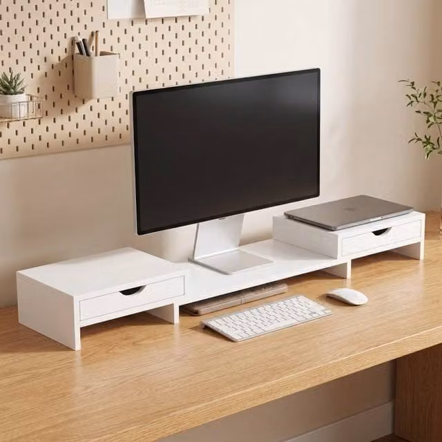 STILVORA Adjustable Monitor Stand Riser with 2 Drawers, White