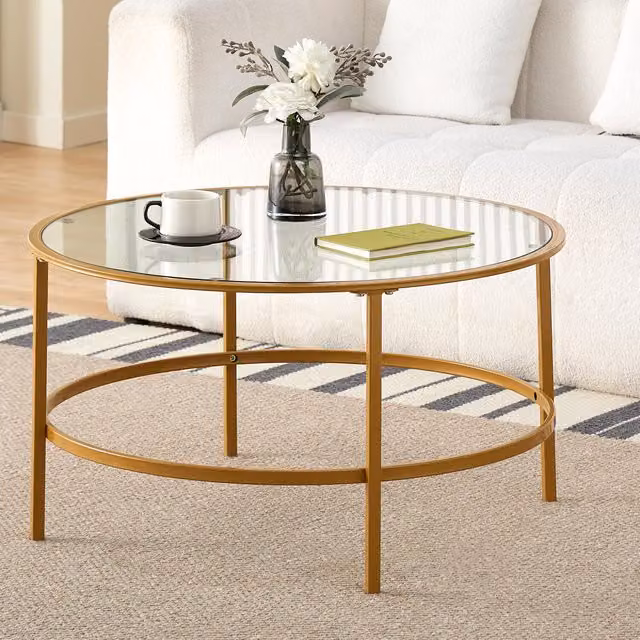 Comfy Living Modern Round Coffee Table with Tempered Glass Top and Gold Metal Legs