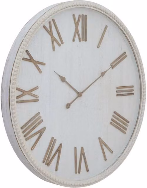 Lemon Pavilion Furniture and Decor Large Round Analog Wall Clock with Beaded Glass and Wood Frame, Rustic White, W80 x H80 x D7 cm