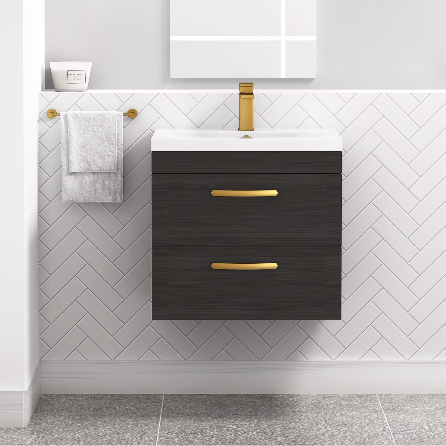 Royal Bathrooms Turin 600mm Wall Hung Vanity Unit in Charcoal Oak with 2 Drawers and Brushed Brass Handles