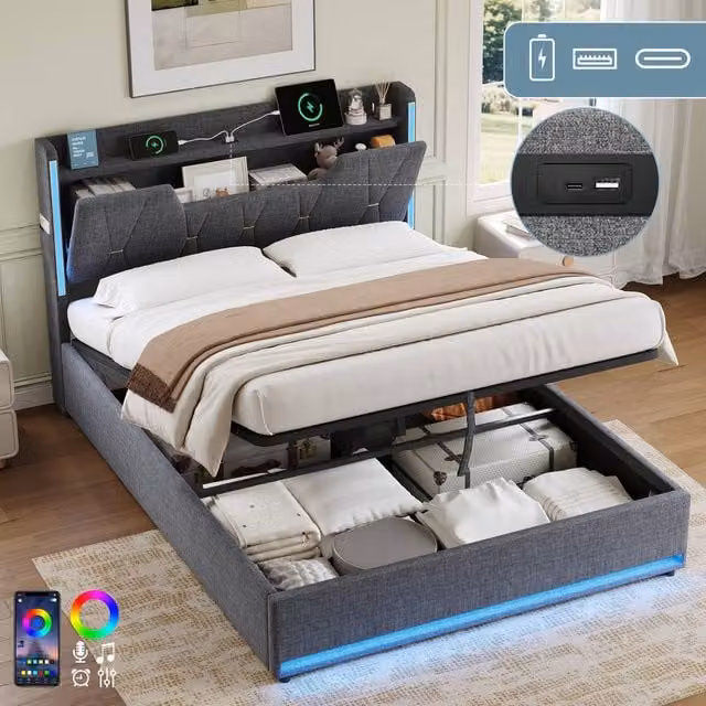 BTM Double Hydraulic Storage Bed with X Shape LED and USB Charging Port, Grey, W/D/H: 140 x 200 cm