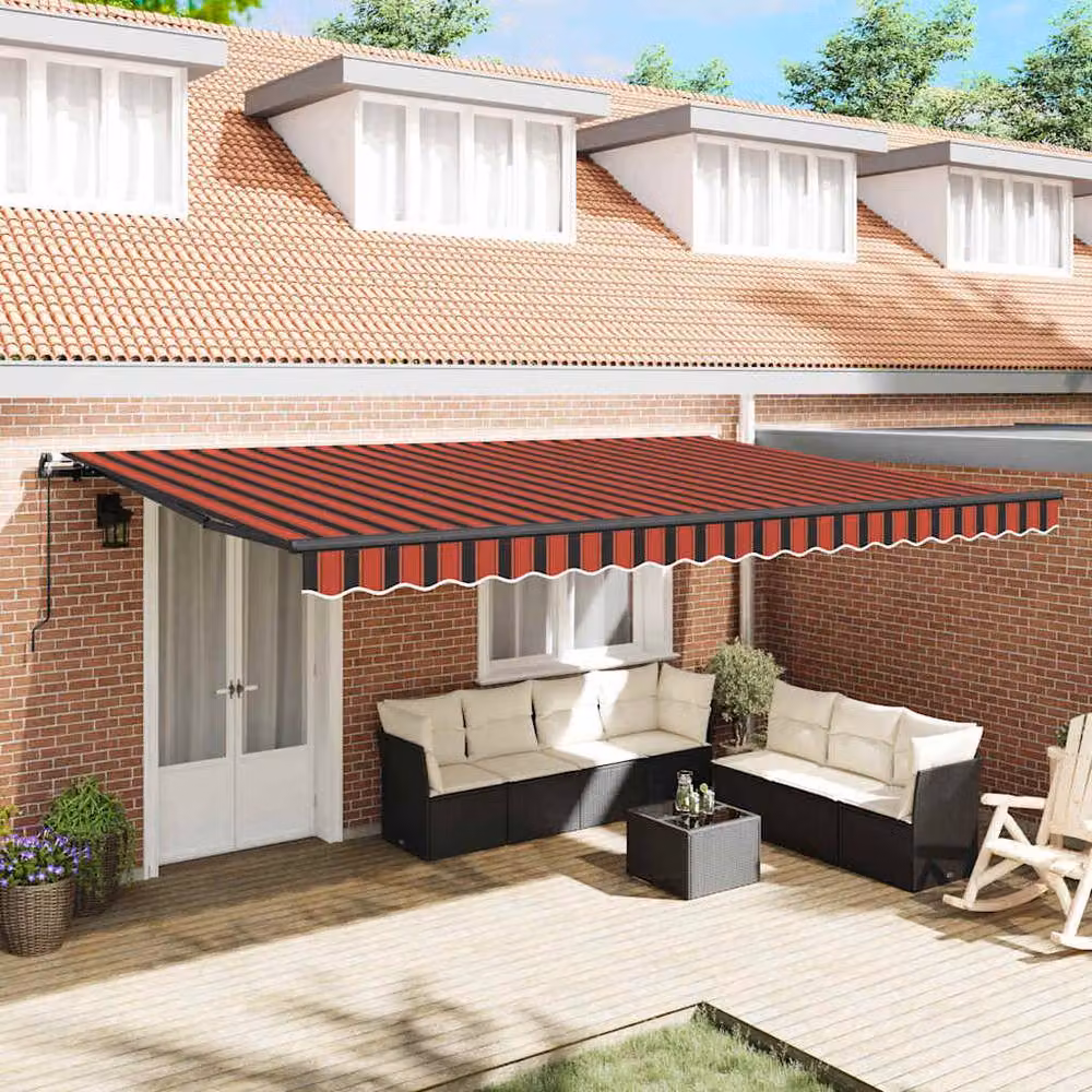 Berkfield Home Manual Retractable Folding Arm Awning in Orange and Brown Striped Acrylic Fabric, W: 500 cm, D: 300 cm – 2