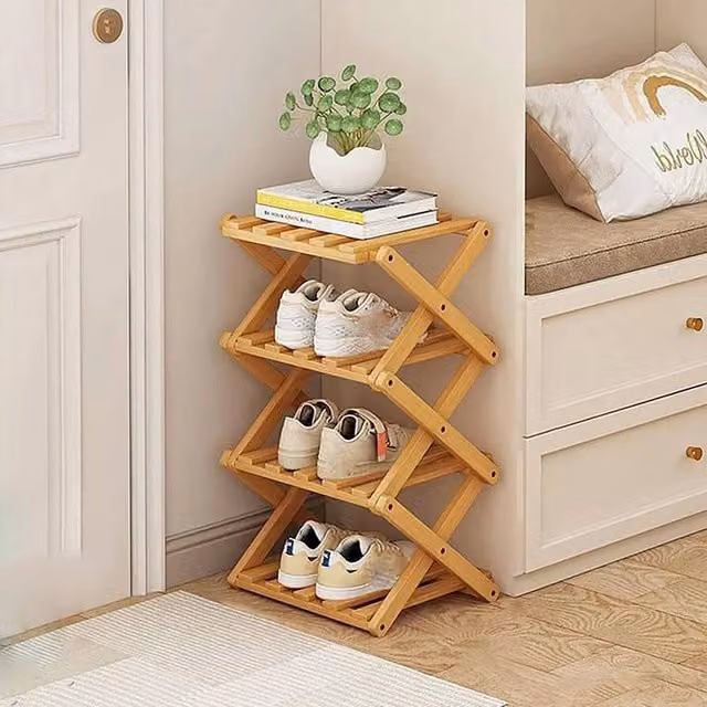 Kelvenix 4-Tier Foldable Bamboo Wood Shoe Rack in Brown – 1