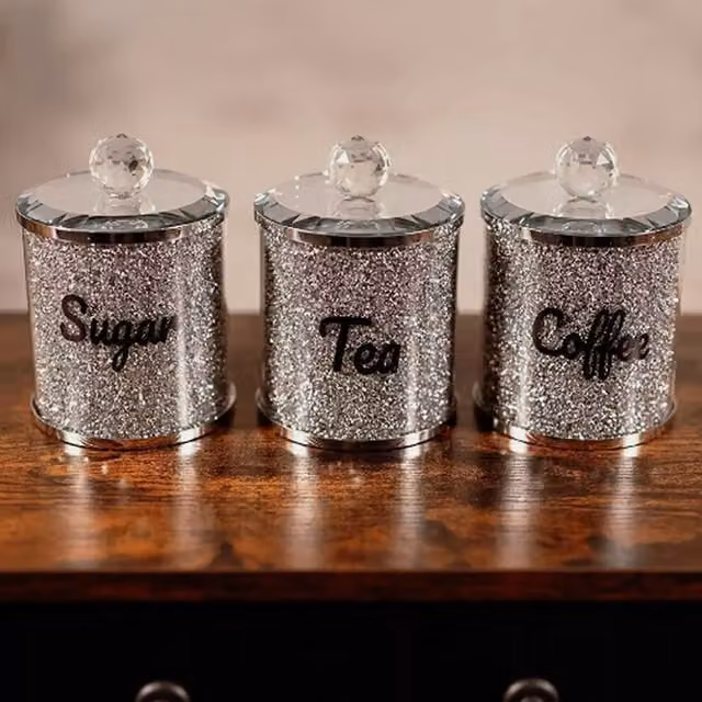 Marco Paul Diamante Coffee Tea Sugar Canister Set in Silver Metal