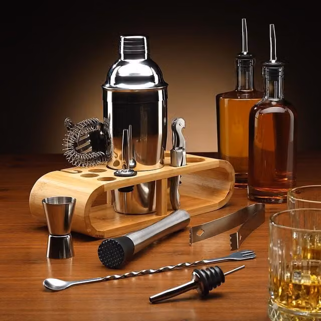Menkind Connoisseur Creations 12-Piece Cocktail Set with Stainless Steel Shaker and Wood Base in Clear and Silver