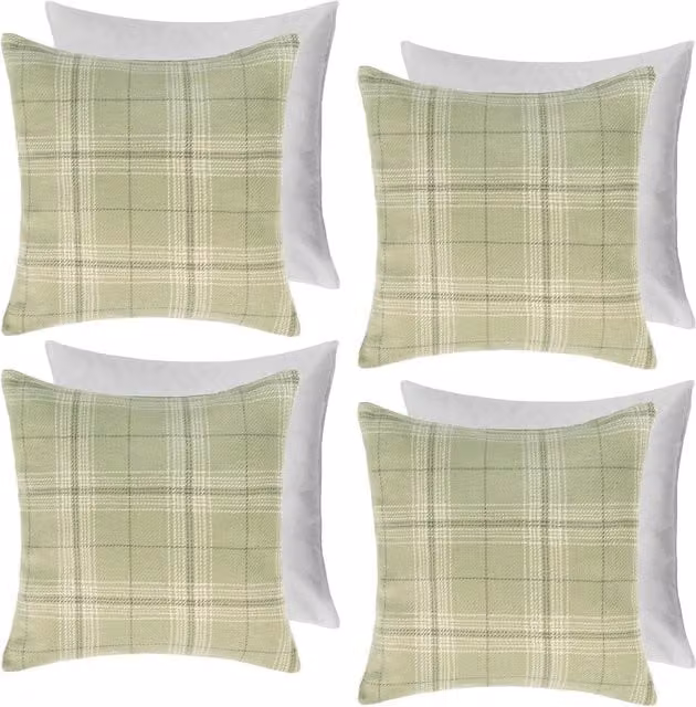 OHS 4 Pack Woven Check Printed Soft Cushions in Light Green, W/D/H: 45 x 45 x 45 cm