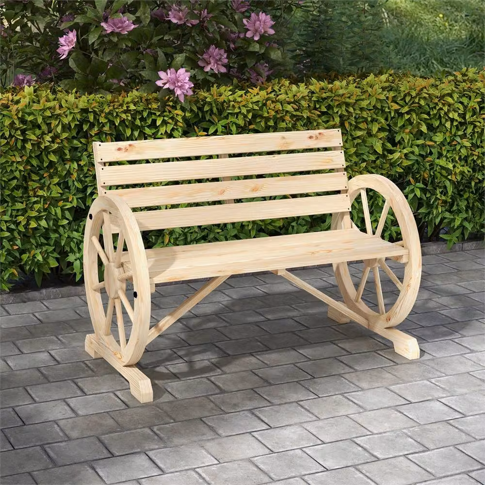 Nordara Yellow 2 Seater Wooden Garden Bench with Armrests and Wagon Wheel Design in Natural Cedar, W/D/H: 100 x 80 x 80 cm – 4
