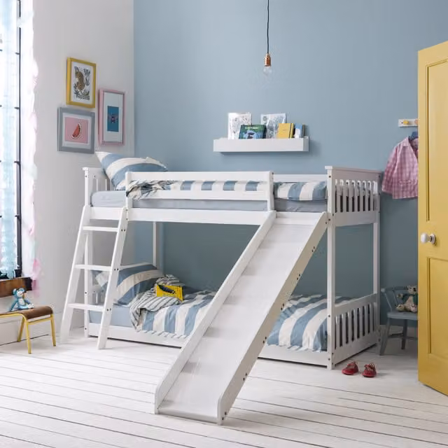 Noa and Nani Tuva Low Cabin Bed with Bunk and Slide in White Solid Pine Wood