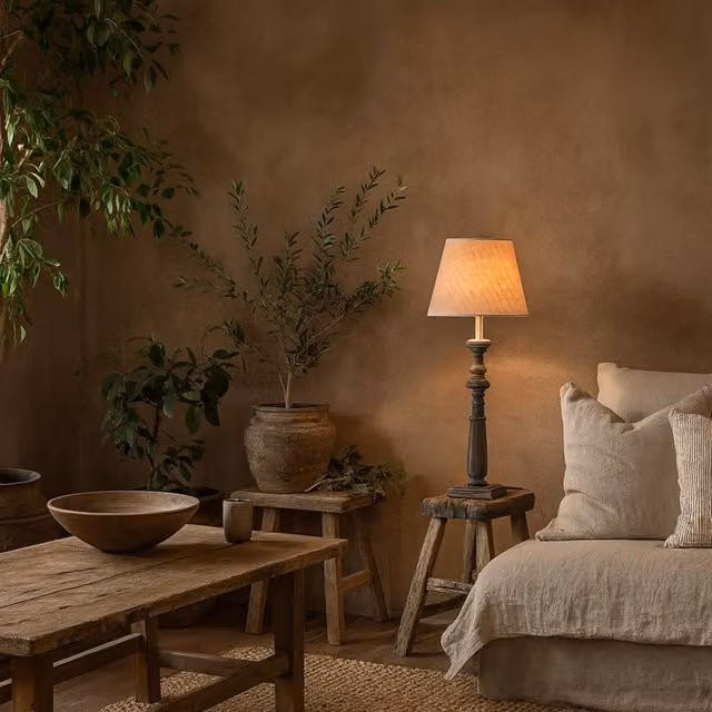 Wyld Haus Mossfern Grey Washed Wooden Column Table Lamp in Brown with Beige Linen Shade, Height: 30.48 cm