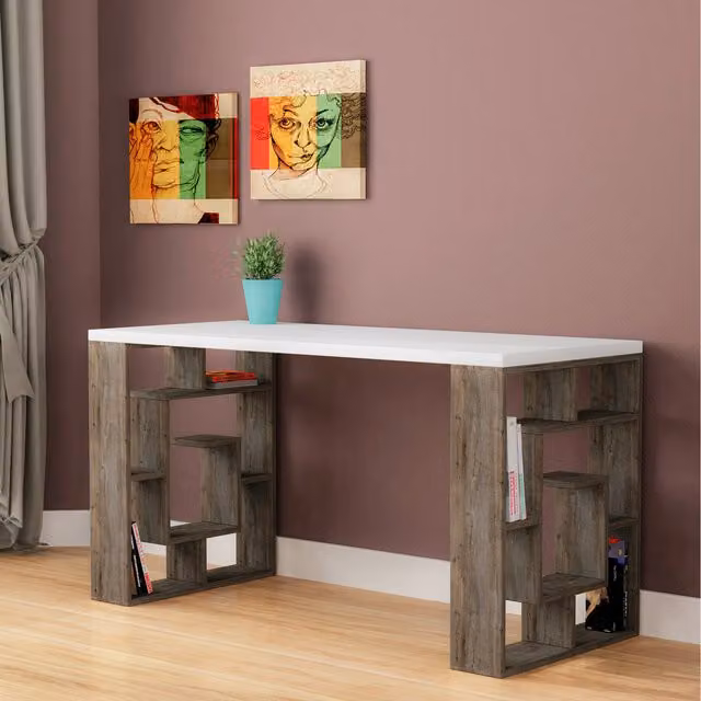 Decortie Modern Computer Desk with Bookshelf Legs in Brown