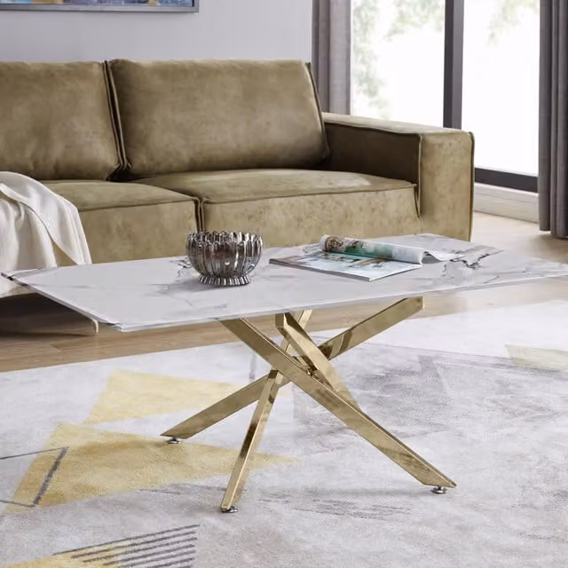 FurnitureboxUK Leonardo Coffee Table with White Marble Effect Glass Top and Gold Metal X-Frame Legs