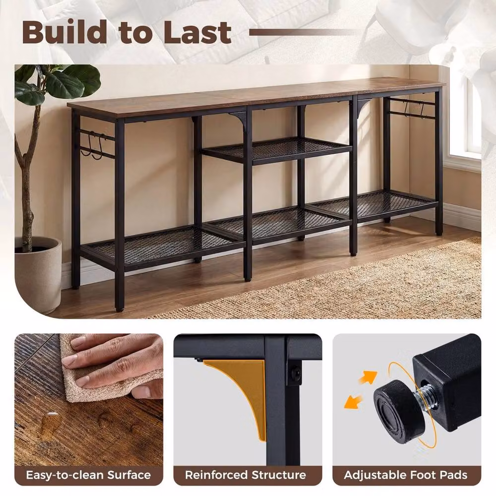 FORGEVIO Industrial Media Console Table in Brown with Metal Mesh Shelves and 4 Hanging Hooks, W: 140 cm, D: 56 cm, H: 300 cm – 4