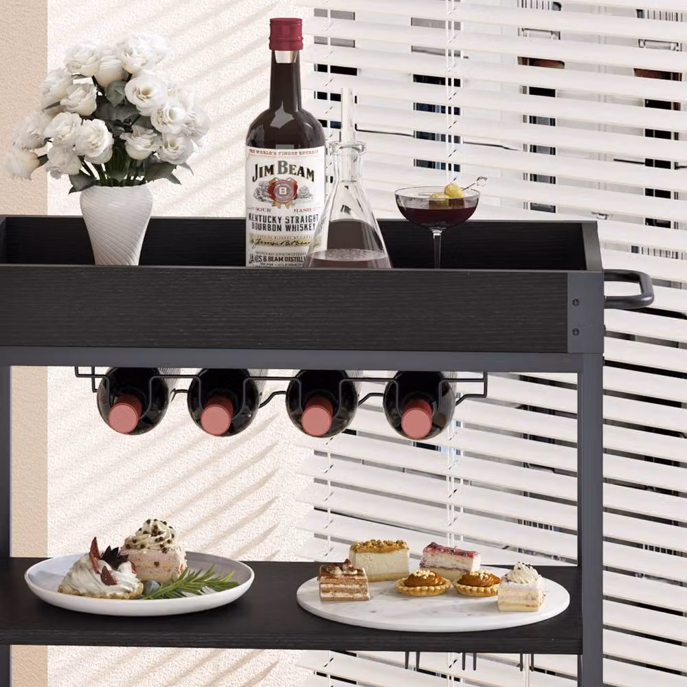 Huhote Black Metal and Glass Bar Cart with Wine Rack and Wheels for Kitchen Storage – 7