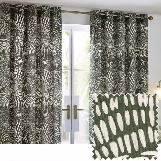 Make It A Home Set of 2 Nola Abstract Cotton Eyelet Curtains in Green, W: 229 cm, H: 229 cm