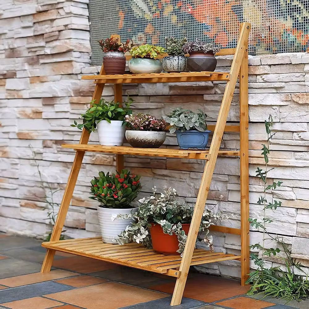 Living and Home 3-Tier Foldable Wooden Ladder Plant Stand in Natural Brown – 5