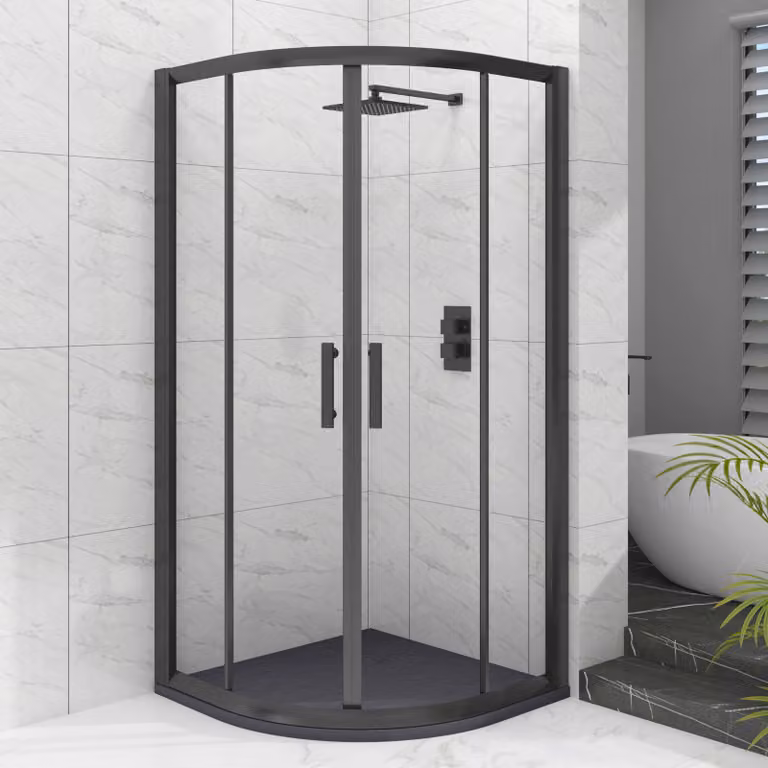 Royal Bathrooms Milan Matt Black Quadrant Shower Enclosure with Grey Stone Mineral Cast Tray and 6mm Double Sliding Doors W/D/H: 185 x 185 x 60 cm