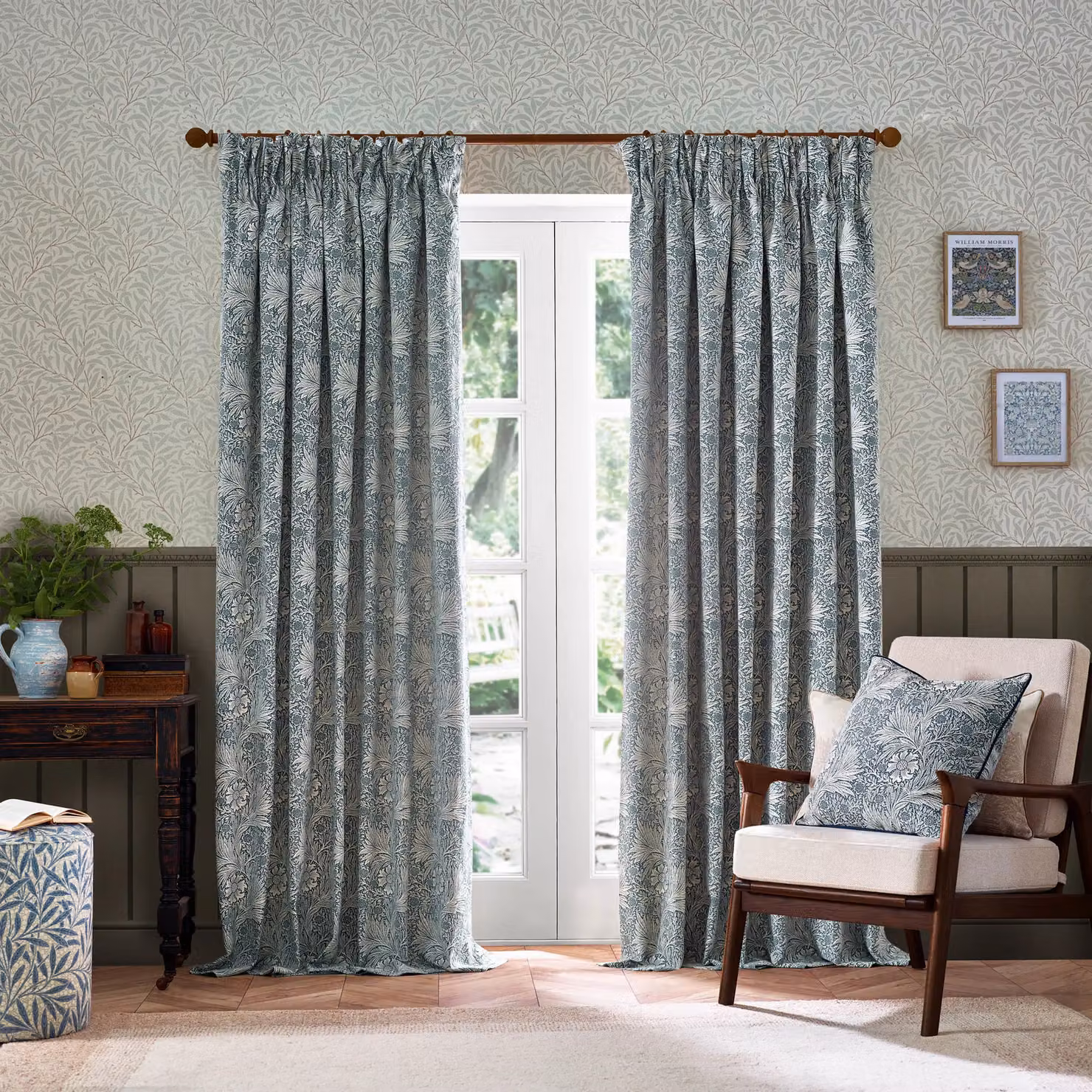 Morris & Co. Marigold Jacquard Floral Pencil Pleat Curtains, Blue, Width: 168 cm, Drop: 183 cm – 2