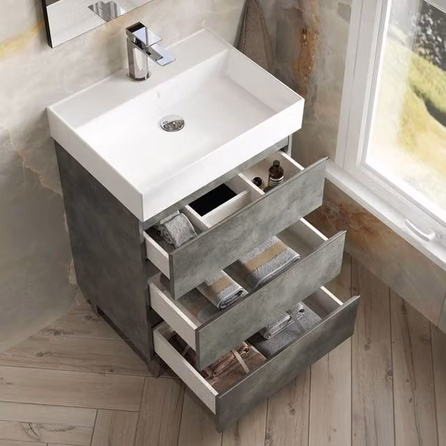 Banyetti Vatilla 600mm Floorstanding Vanity Unit with Veneto 1 TH Basin in Cemento Grey (W: 60 cm, H: 84 cm, D: 45 cm) – 1