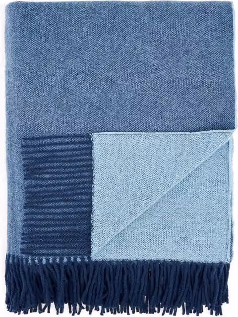 Land & Shore Espie Blue Reversible Woven Wool Blend Throw with Fringes