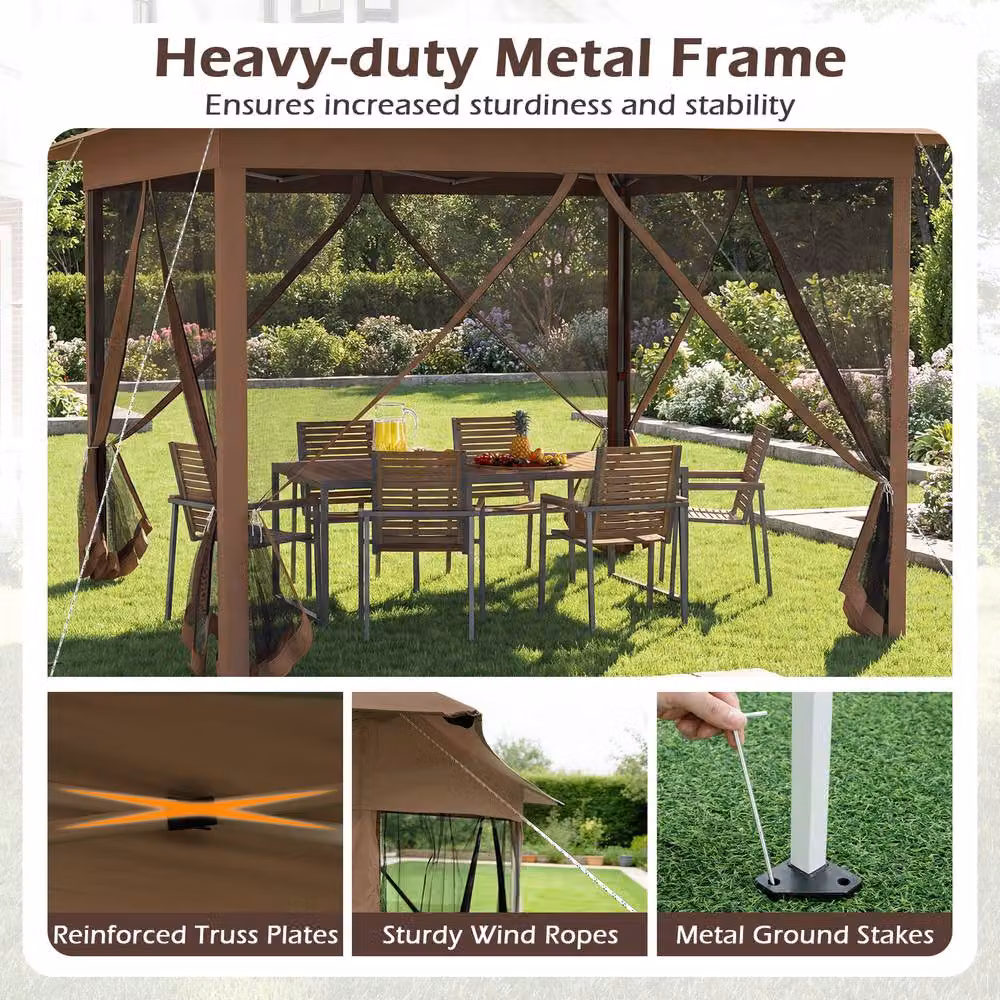 Gymax Instant Pop Up Gazebo with 350cm Mesh Screen and 4 Doors in Brown and Silver, W: 350 cm, D: 350 cm, H: 250 cm – 5
