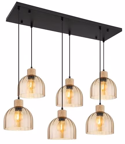 Globo Lighting Vintage Metal and Wood Pendant Light in Black and Brown with Amber Glass, H x W x D: 130 x 36 x 36 cm, 6x E27 – 1