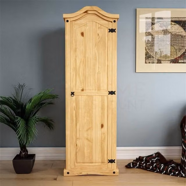 SPETLEK 1 Door Wardrobe in Brown Solid Pine Wood with Metal Accents