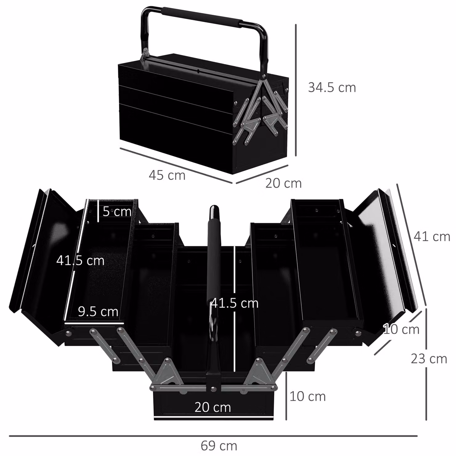 DURHAND Professional 3 Tier Metal Toolbox with 5 Trays and Handle, Black, W: 45.0 cm, D: 22.5 cm, H: 34.5 cm – 3