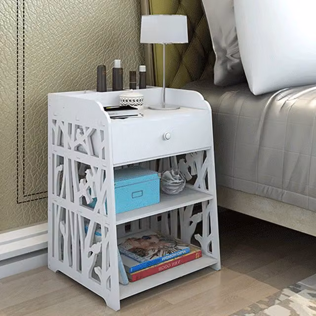 Livingandhome Modern White Hollow Carved Bird Pattern Side Table Nightstand with Drawer